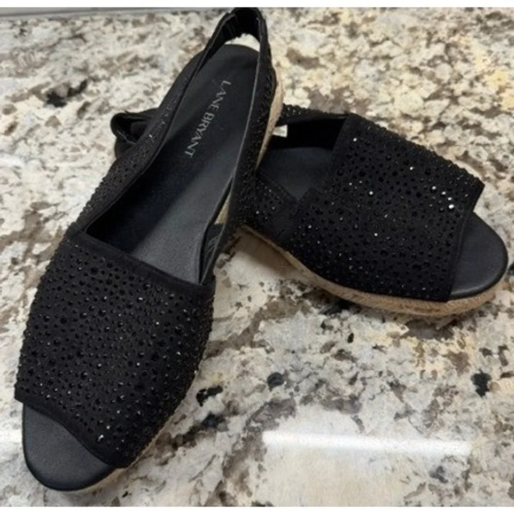 Lane Bryant Womens 9W Black Rhinestone Espadrille Slingback Peep Toe Flat Sandal
